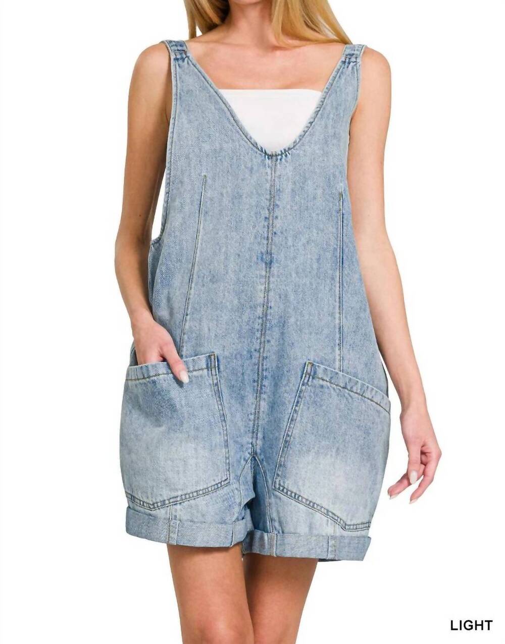 NEW ZENANA danica denim short overalls in light wash